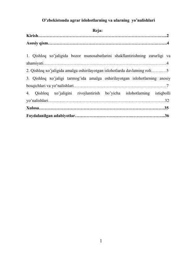 O’zbekistonda agrar islohotlarning va ularning  yo’nalishlari