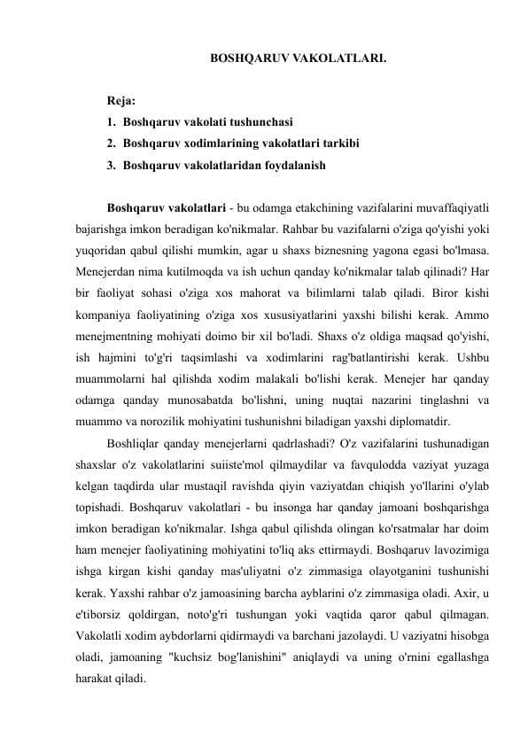 BOSHQARUV VAKOLATLARI
