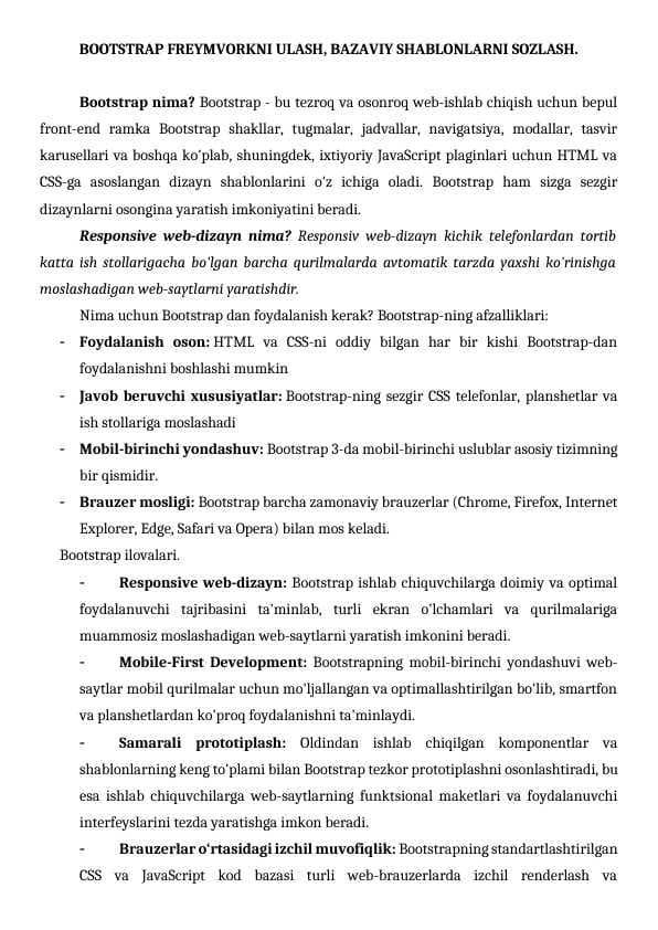 BOOTSTRAP FREYMVORKNI ULASH, BAZAVIY SHABLONLARNI SOZLASH.