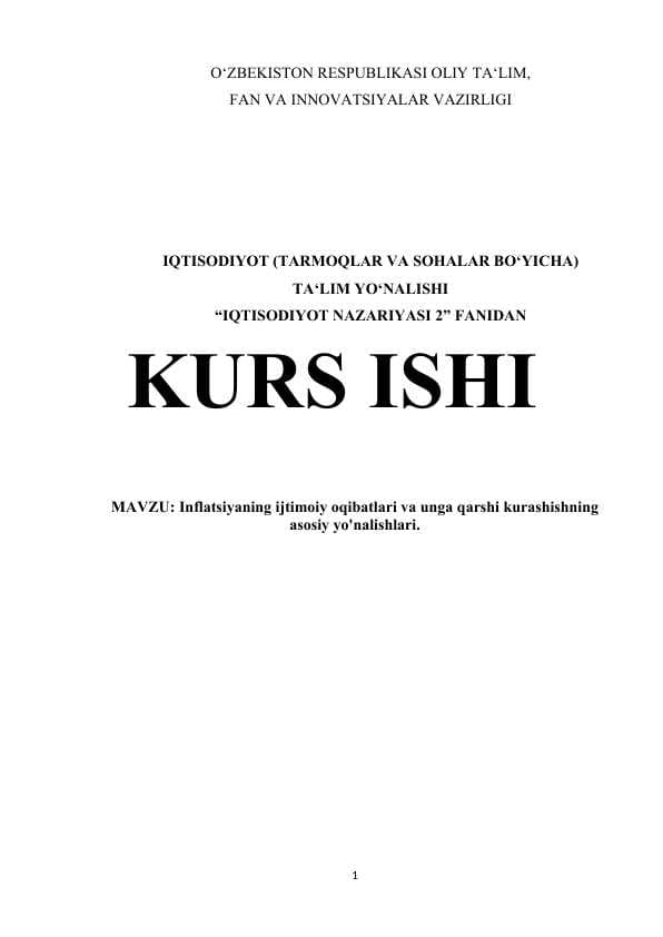 Inflatsiyaning ijtimoiy oqibatlari va unga qarshi kurashishning asosiy yo'nalishlari