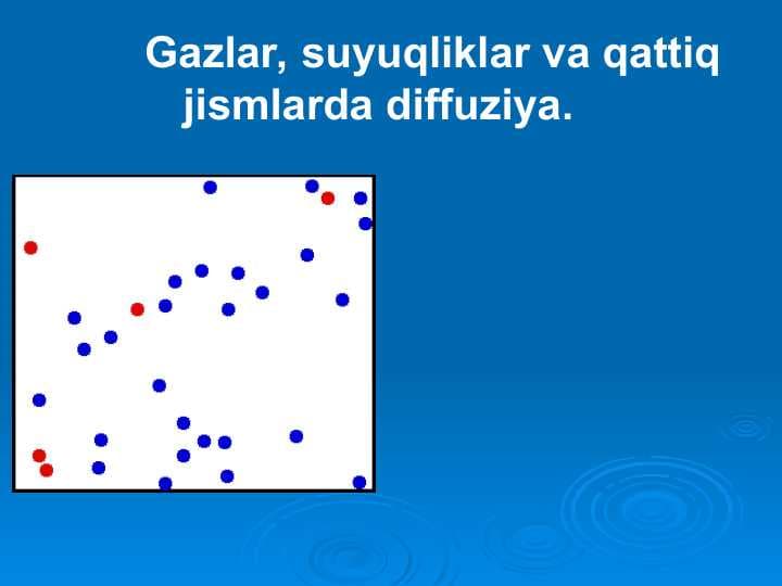 Gazlar, suyuqliklar va qattiq jismlarda diffuziya.
