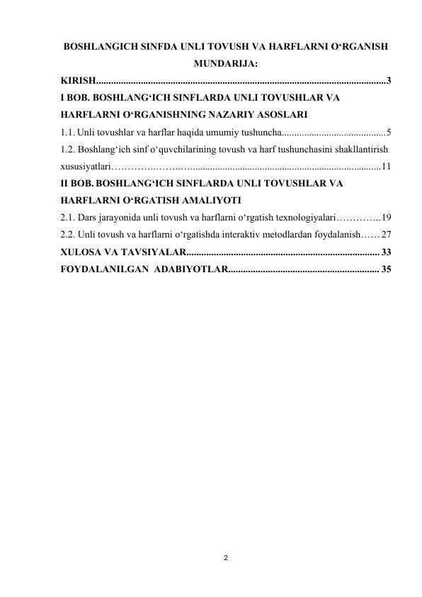 BOSHLANGICH SINFDA UNLI TOVUSH VA HARFLARNI O‘RGANISH