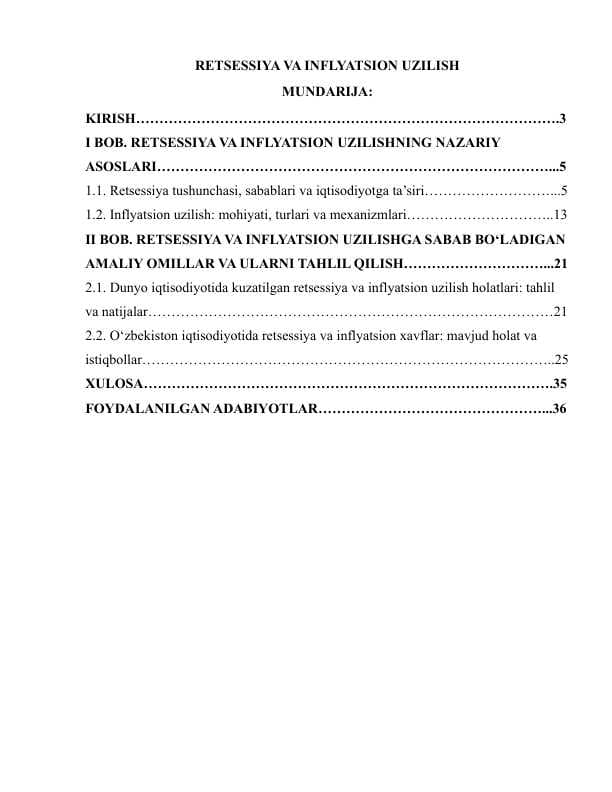 RETSESSIYA VA INFLYATSION UZILISH