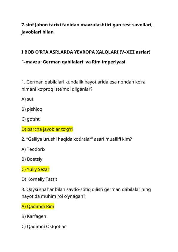 Tarix | 7-Jahon tarixi | Mavzulashtirilgan test sinovlari | Javoblari bilan