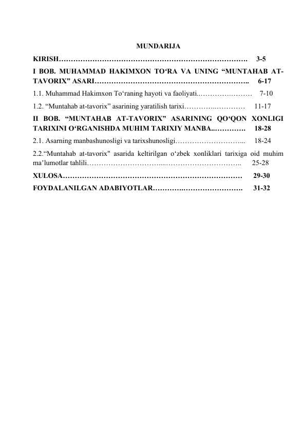 Muhammad Hakimxon To‘raning  “Muntahab at-tavorix” asari kurs ishi