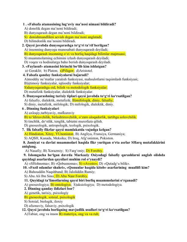 Falsafa fanidan test savollari va javoblari