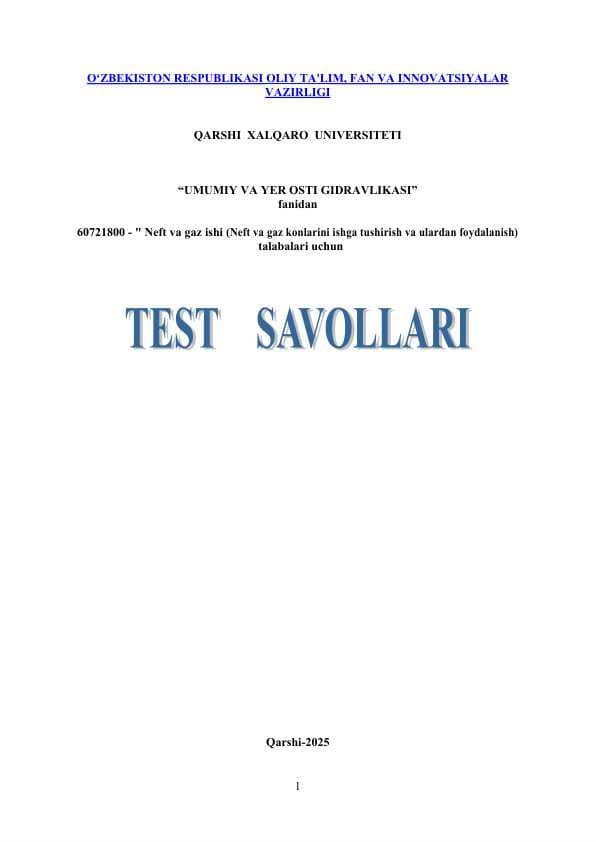 Umumiy va yer osti gidravlikasi» fanidan test savollari