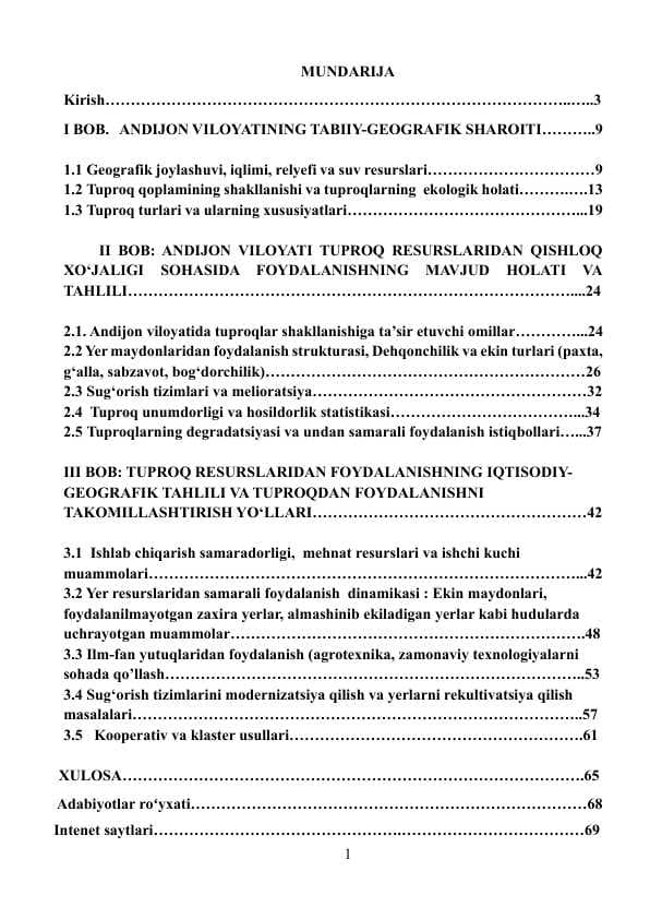 ANDIJON VILOYATI TUPROQLARIDAN  QISHLOQ XOʻJALIK MAQSADLARIDA FOYDALANISHNING IQTISODIY GEOGRAFIK TAHLILI