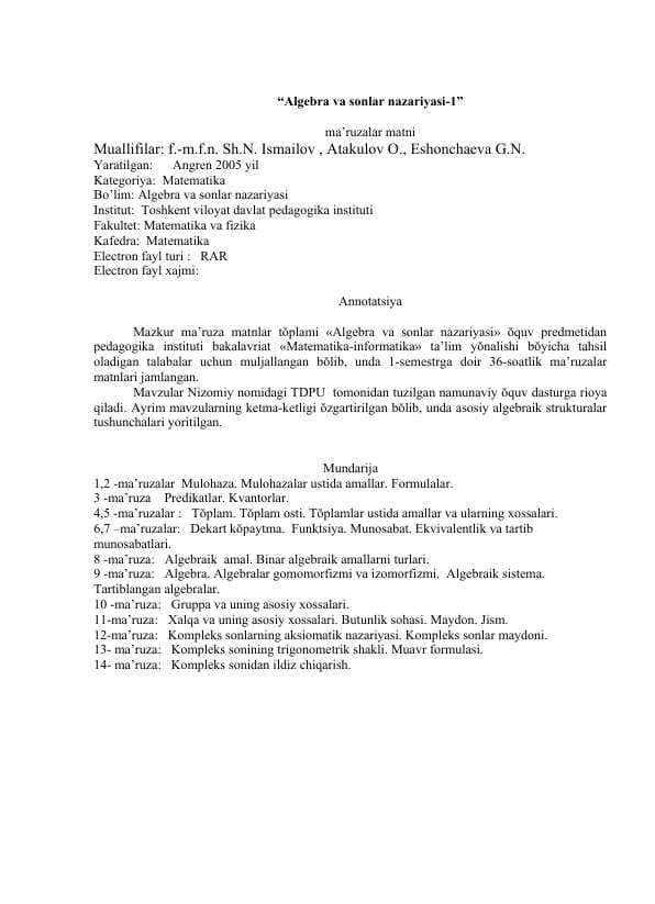 Algebra va sonlar nazariyasi