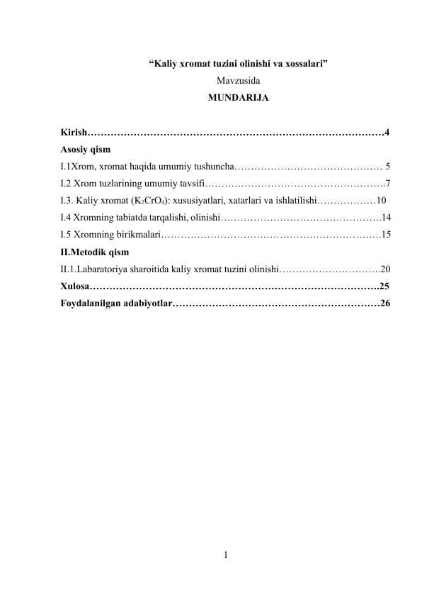 Kaliy xromat tuzini olinishi va xossasi