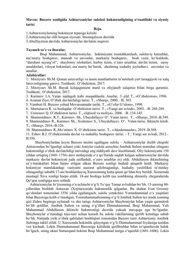 Buxoro xonligida Ashtarxoniylar sulolasi hukmronligining o‘rnatilishi va siyosiy tarixi
