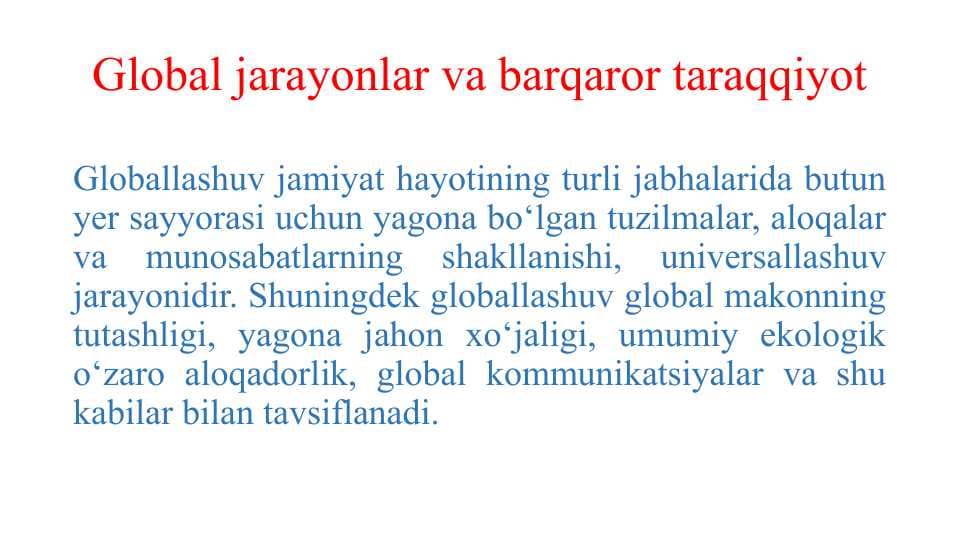 Global jarayonlar va barqaror taraqqiyot
