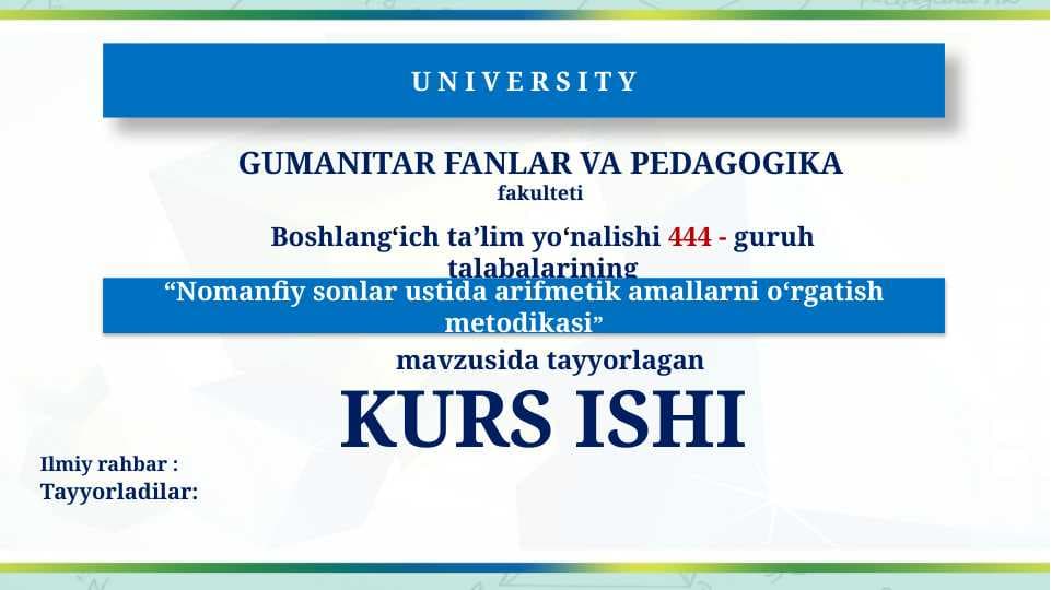 Nomanfiy sonlar ustida arifmetik amallarni o‘rgatish metodikasi
