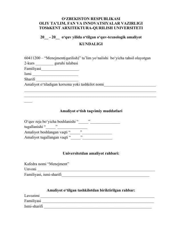Menejment(qurilish) amaliyot KUNDALIGI