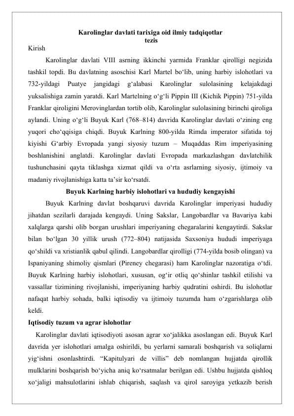 Karolinglar davlati tarixiga oid ilmiy tadqiqotlar mavzusida tezis  25
