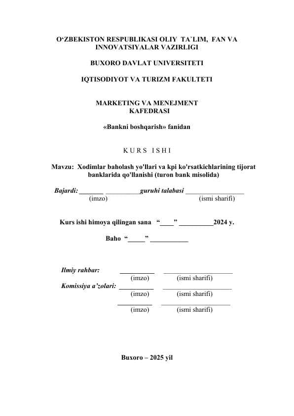 Xodimlar baholash yo'llari va kpi ko'rsatkichlarining tijorat banklarida qo'llanishi (turon bank misolida)