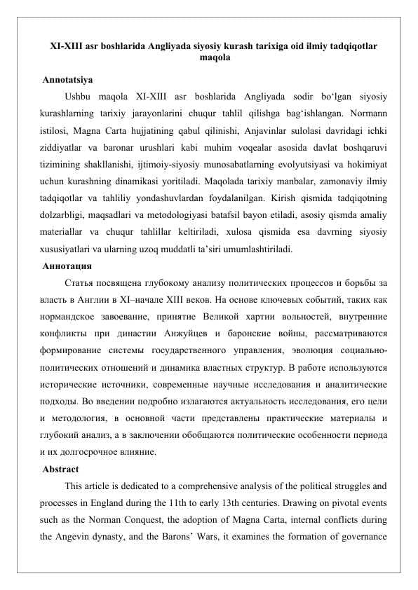 XI-XIII asr boshlarida Angliyada siyosiy kurash tarixiga oid ilmiy tadqiqotlar  25