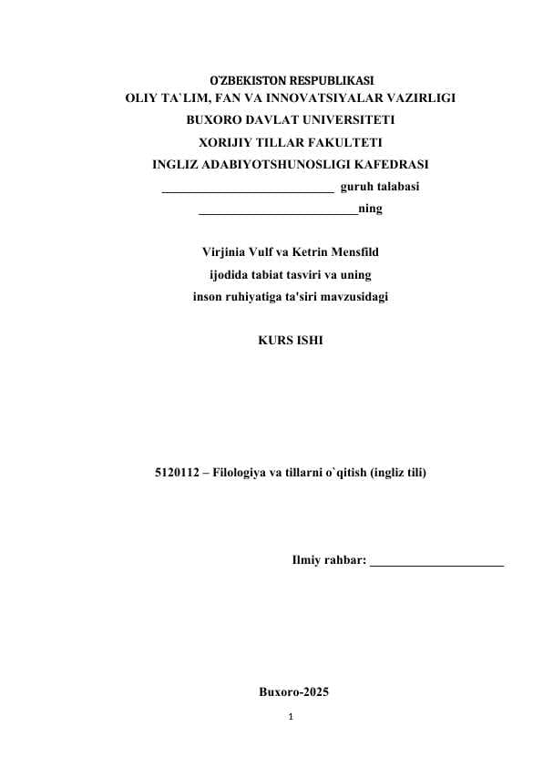 Virjinia Vulf va Ketrin Mensfild ijodida tabiat tasviri va uning inson ruhiyatiga ta'siri