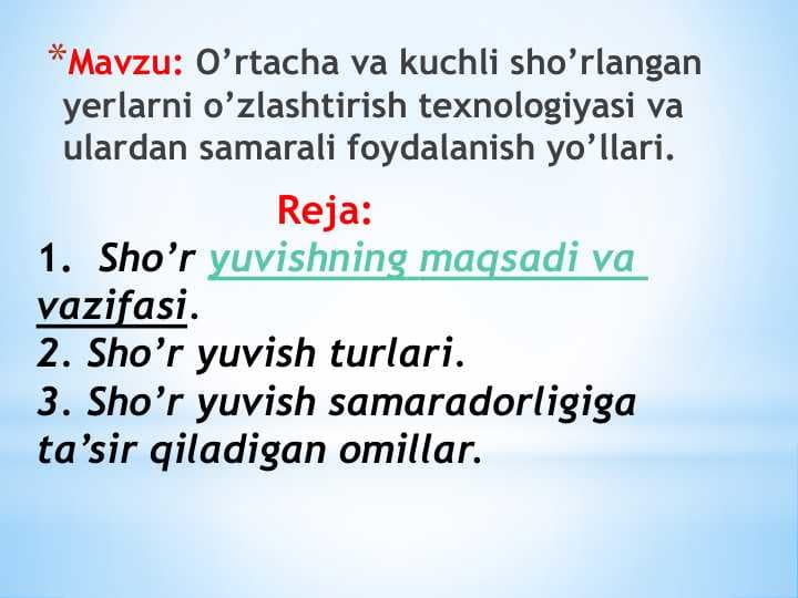 O’rtacha va kuchli sho’rlangan yerlarni o’zlashtirish texnologiyasi va ulardan samarali foydalanish yo’llari