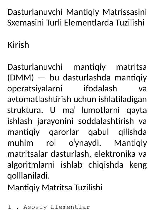 Dasturlanuvchi Mantiqiy Matrissasini Sxemasini Turli Elementlarda Tuzilishi