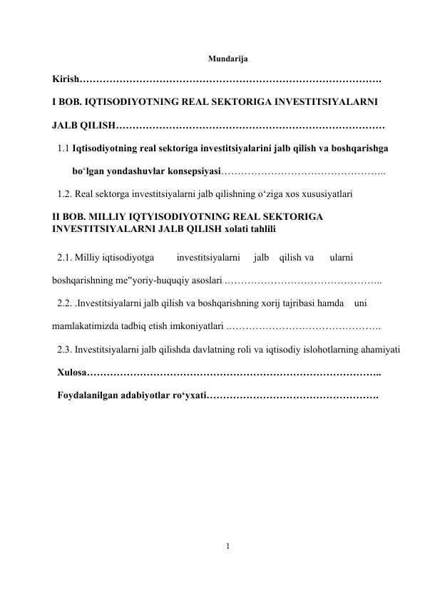 Iqtisodiyotning real sektoriga investitsiyalar jalb etish yo‘llari | Kurs ishi