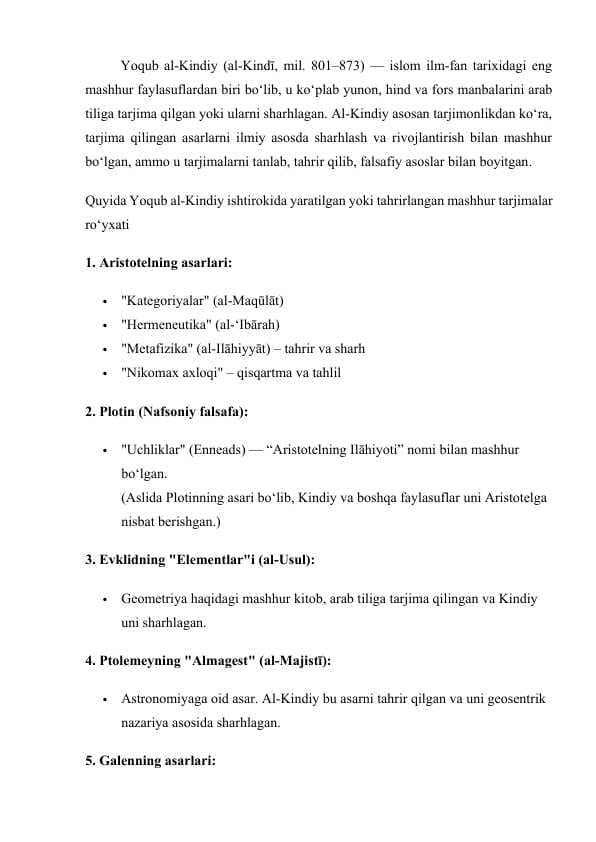 Yoqub al-Kindiy tarjimalari
