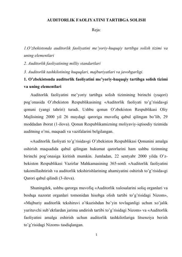 auditorlik faoliyatini tartibga solish