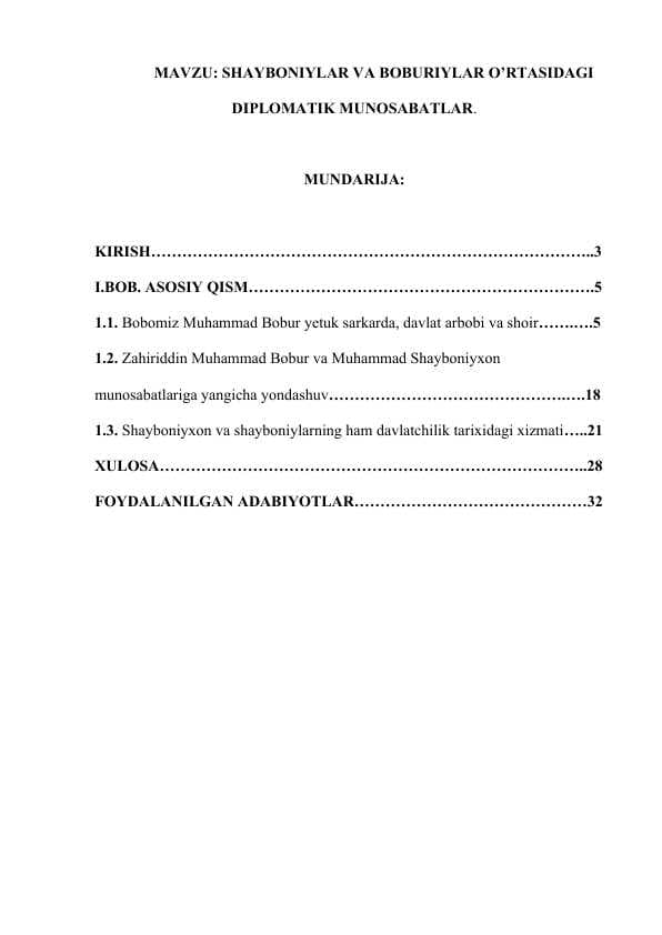 SHAYBONIYLAR VA BOBURIYLAR O’RTASIDAGI DIPLOMATIK MUNOSABATLAR..docx