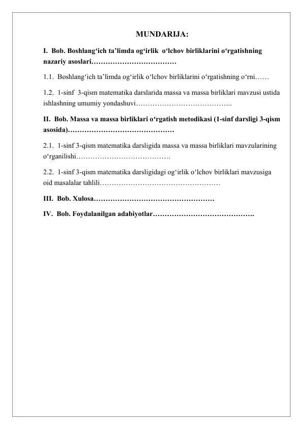 massa va massa birliklarini oʻrgatish metodikasi