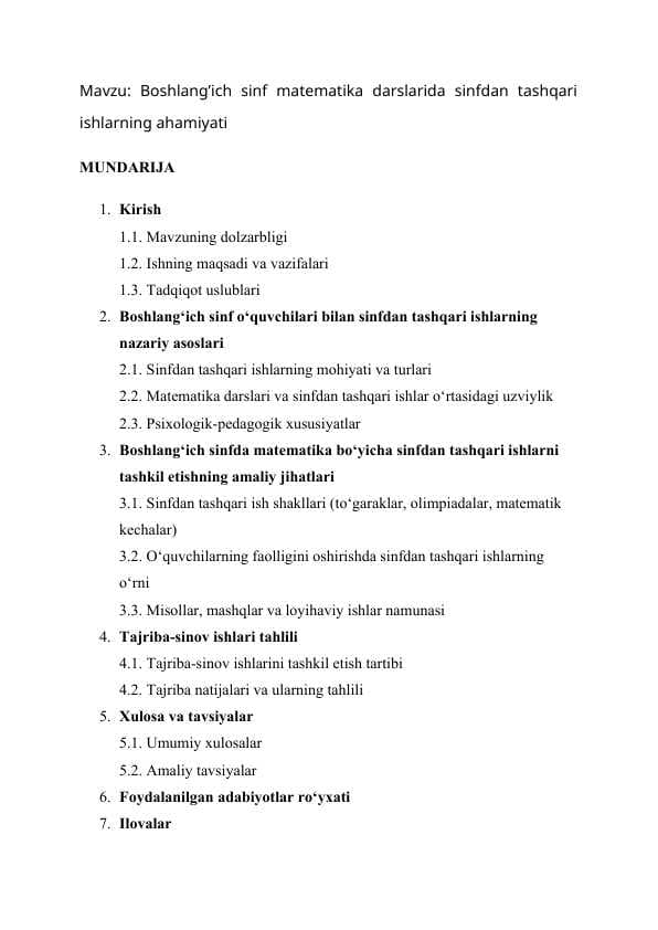 Boshlang'ich sinf matematika darslarida sinfdan tashqari ishlarning ahamiyati. Kurs ishi yozma uchun.