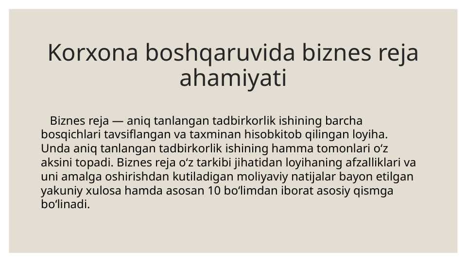 Korxona boshqaruvida biznes reja ahamiyati