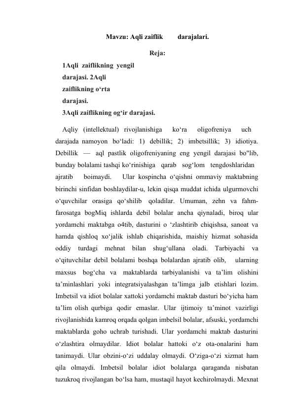 Aqli zaiflik	darajalari