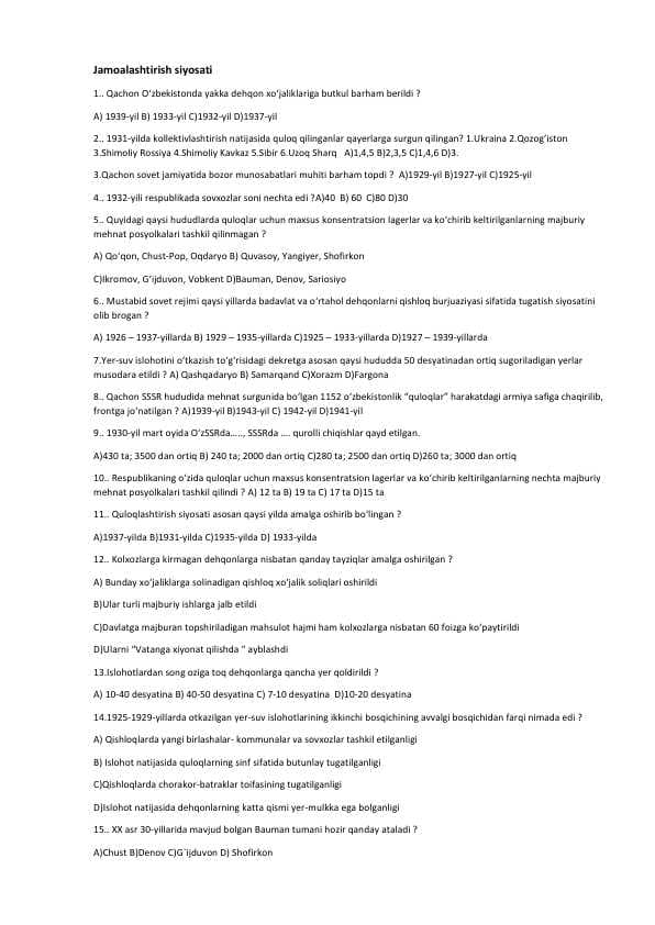 Jamoalashtirish siyosati (test 15ta javobli)