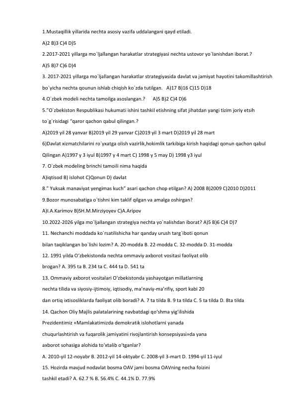 Mustaqillikdan keyingi tub o’zgarishlar 2  (test 15ta javobli)