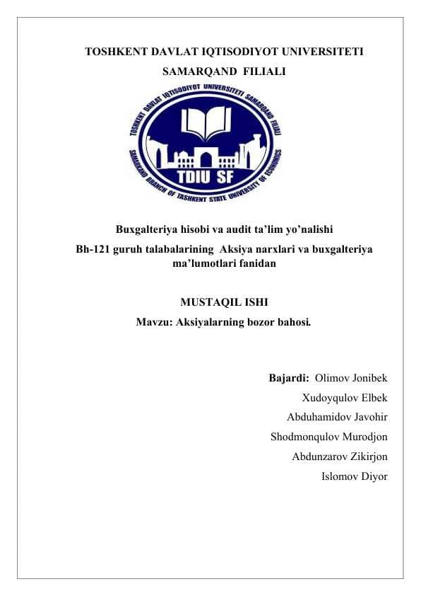 Aksiyalarning bozor bahosi (Essay)