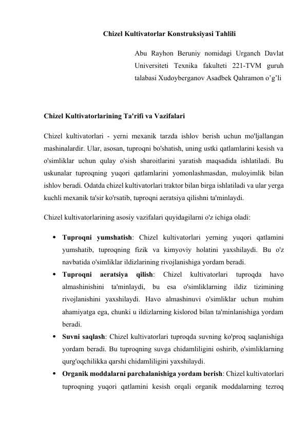 Chizel kultivatorlar konstruksiyasi tahlili