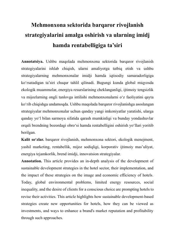 Mehmonxona sektorida barqaror rivojlanish strategiyalarini amalga oshirish va ularning imidj hamda rentabelligiga ta’siri