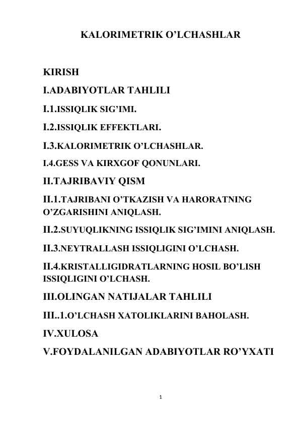 KALORIMETRIK O’LCHASHLAR