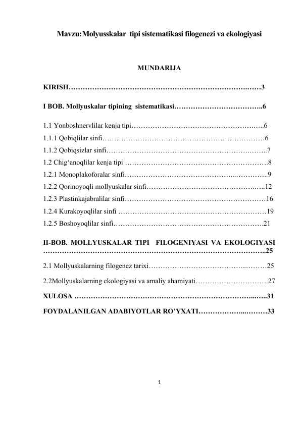 Molyusskalar  tipi sistematikasi filogenezi va ekologiyasi