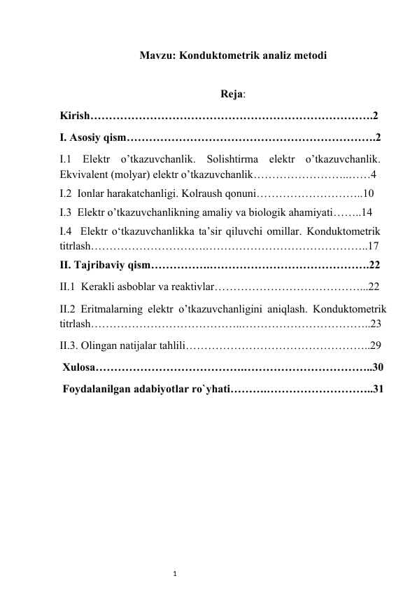 Konduktometrik analiz metodi kurs ishi