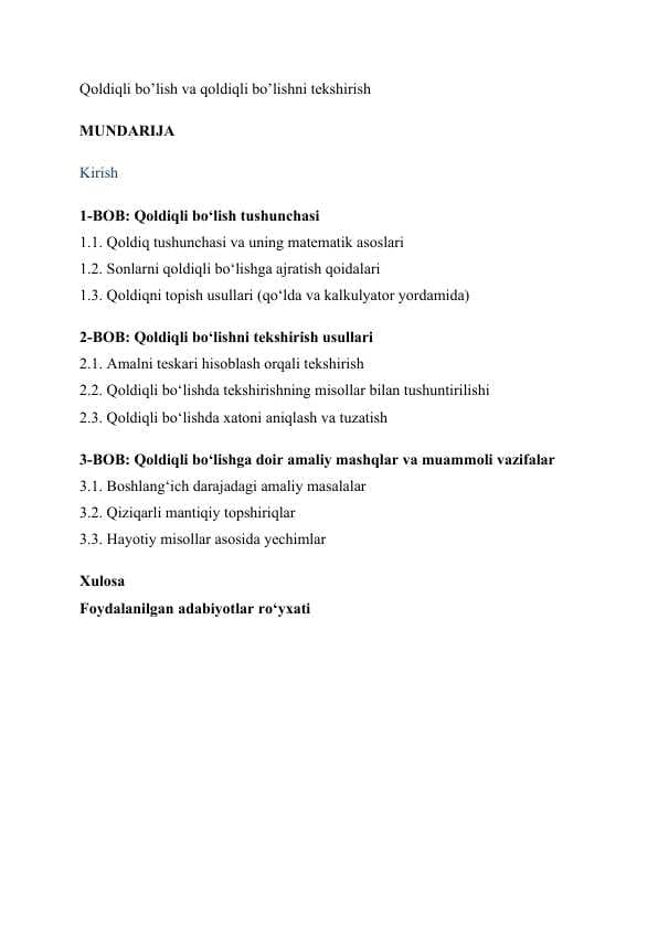 Qoldiqli bo’lish va qoldiqli bo’lishni tekshirish. Kurs ishi, qol yozma uchun maʼlumotlar
