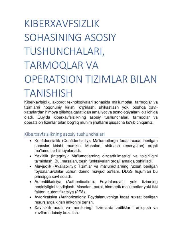 Kiberxavfsizlik sohasining asosiy tushunchalari, tarmoqlar va operatsion tizimlar bilan tanishish