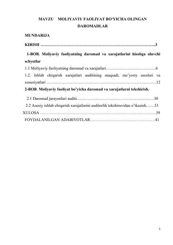 kurs ishi MOLIYAVIY FAOLIYAT BO'YICHA OLINGAN DAROMADLAR