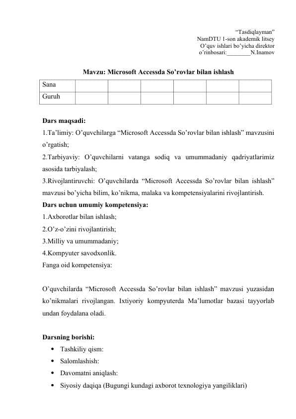 Microsoft Accessda So’rovlar bilan ishlash mavzusida Dars ishlanma