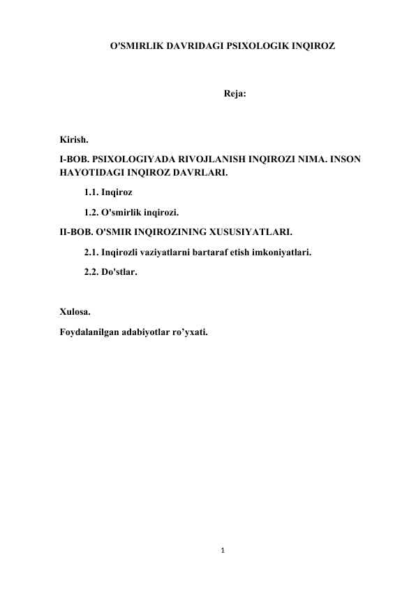 O'SMIRLIK DAVRIDAGI PSIXOLOGIK INQIROZ