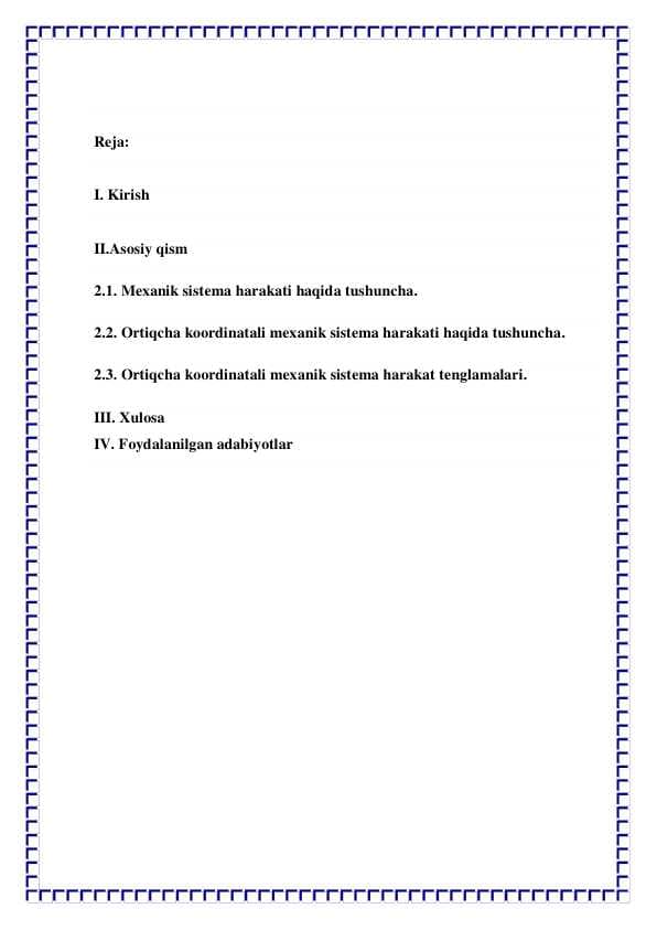 Ortiqcha koordinatali mexanik sistema harakat TENGLAMALARI