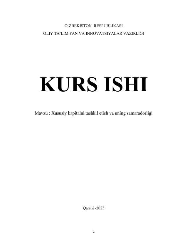 Xususiy kapitalni tashkil etish va uning samaradorligi