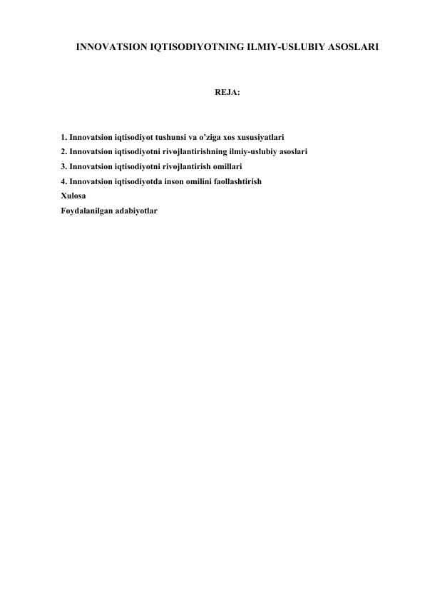 INNOVATSION IQTISODIYOTNING ILMIY-USLUBIY ASOSLARI