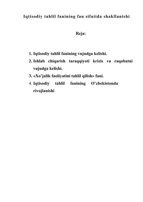 Iqtisodiy tahlil fanining fan sifatida shakllanishi
