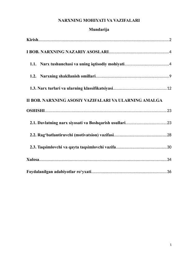 NARXNING MOHIYATI VA VAZIFALARI